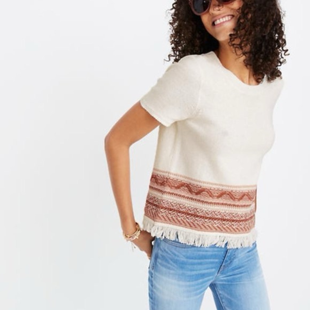 Madewell Fringed Medina Sweater Cream Sweater Minimalist NWT Size XS